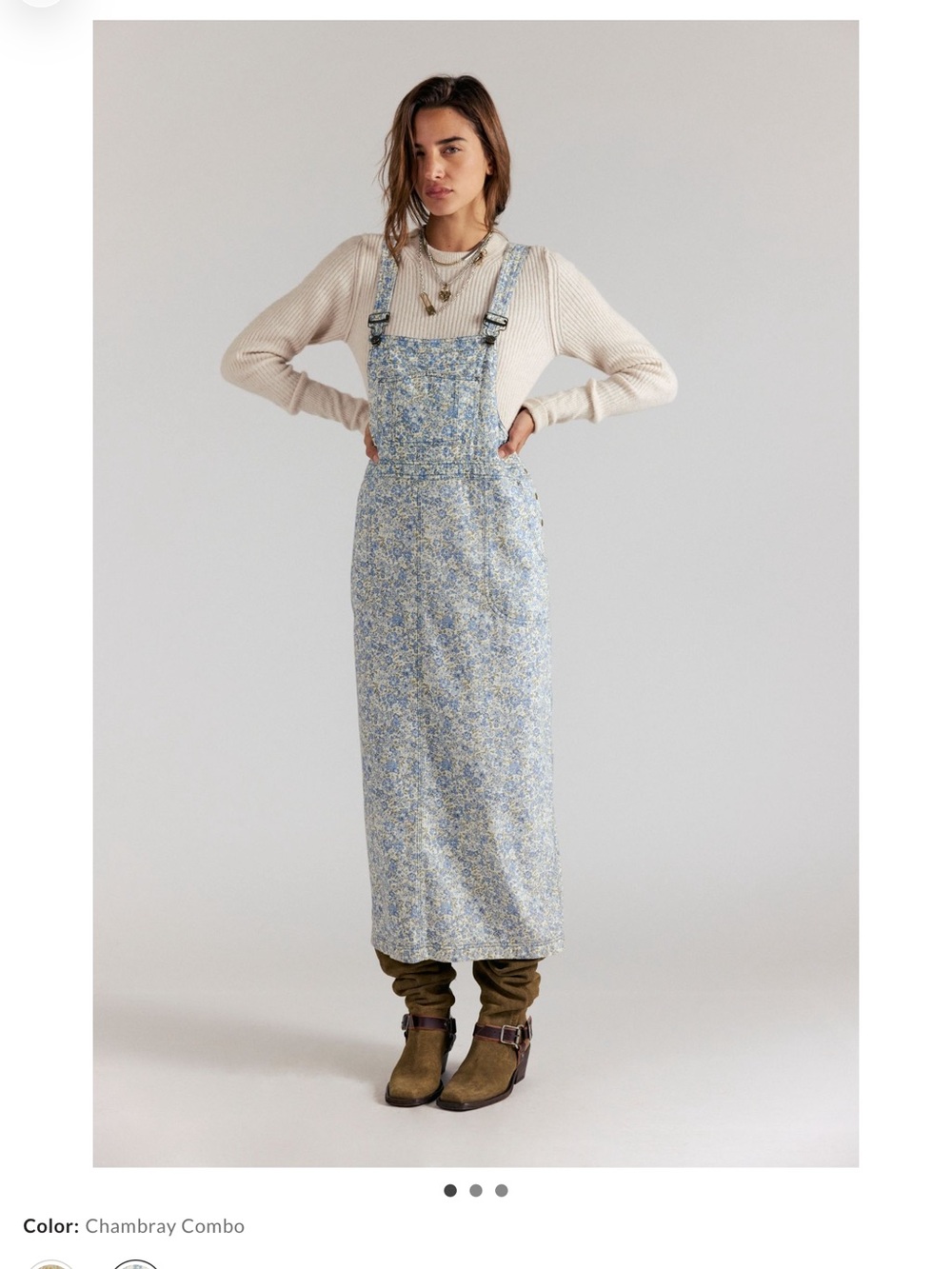 Chambray Combo Floral Denim Overall Dress - Blue